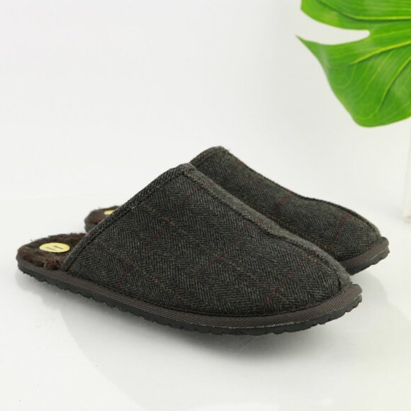 Minnetonka Mens Slipper Size 11 Dark Gray Wool Ghingham Plaid Sherpa Lined Shoe - Picture 4 of 12